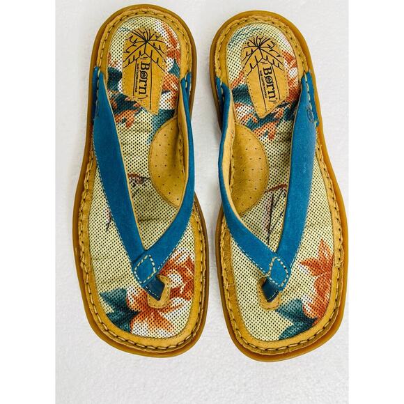 Born Shoes - Born women’s palm tree thong flip flop sandals suede blue size 8